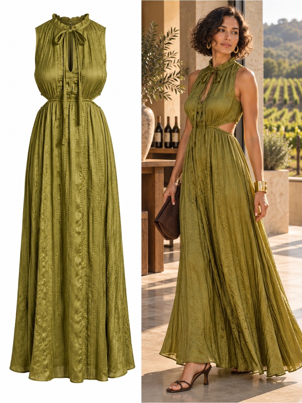 Anthropologie Sarah Hann Textured Cutout Maxi Dress Olive Green Size XSmall